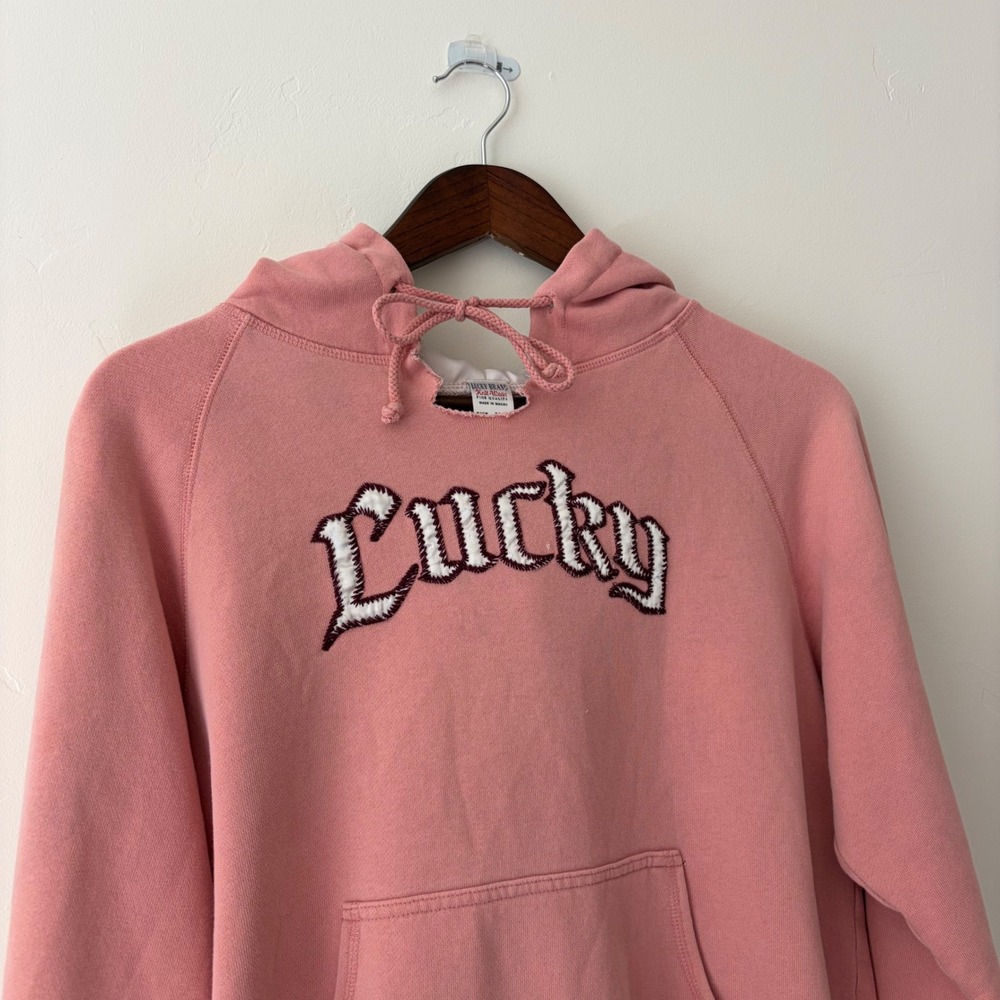 Vintage Lucky Brand Y2K Pink Distressed Embroidered Hoodie Sweatshirt Medium